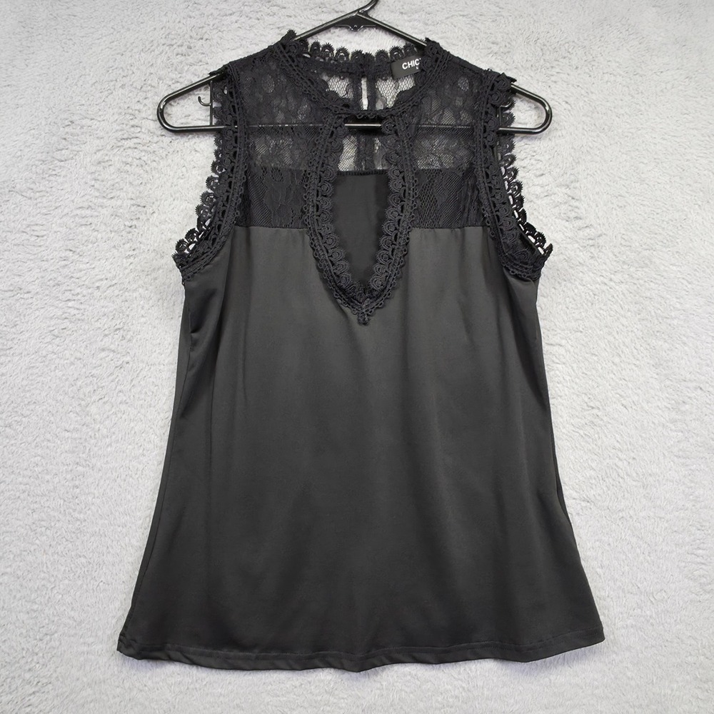 ChicMe Top Women L Black Keyhole Neck Floral Lace Flowy Whimsigoth Dark Romantic
